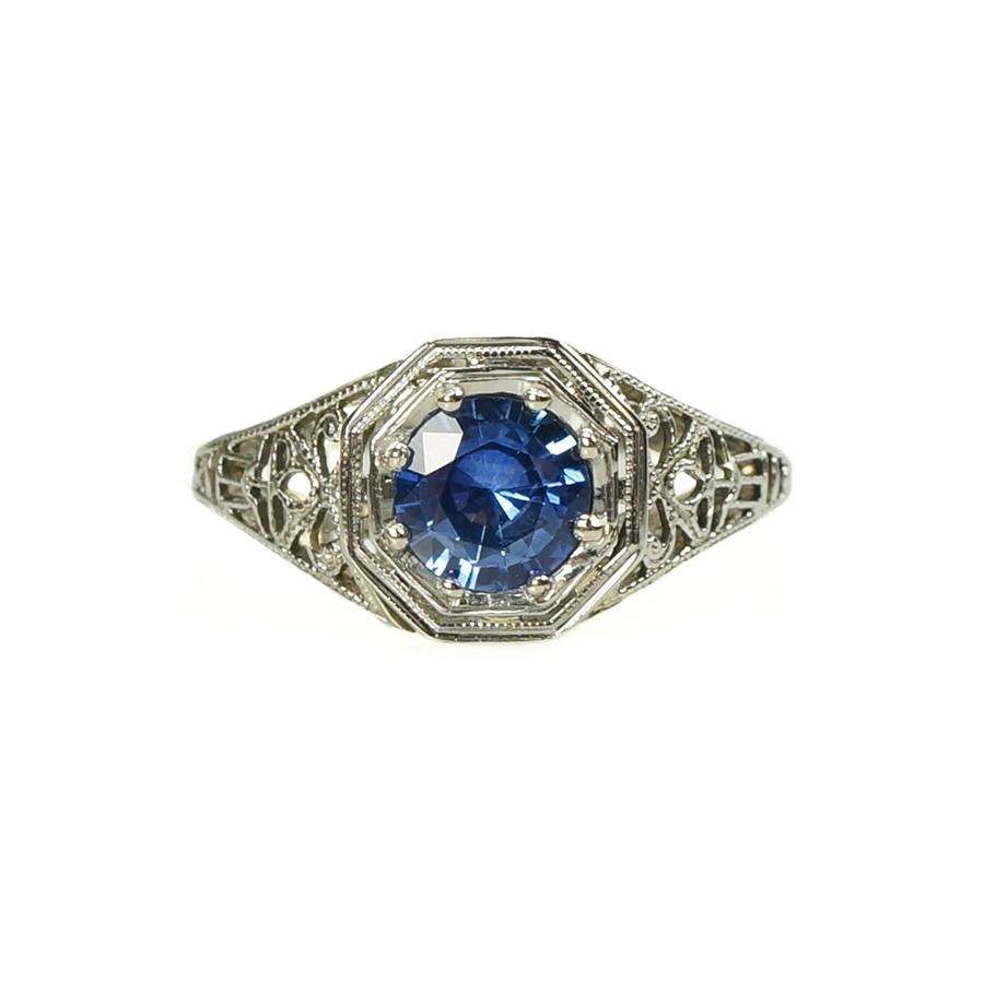 Vintage White Gold Filigree Sapphire Ring