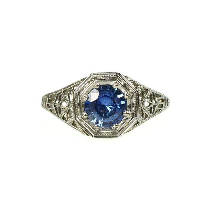 Vintage White Gold Filigree Sapphire Ring