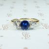 gorgeous cushion cut cornflower blue sapphire and 2 oec diamonds in platinum on 14k 3 stone ring