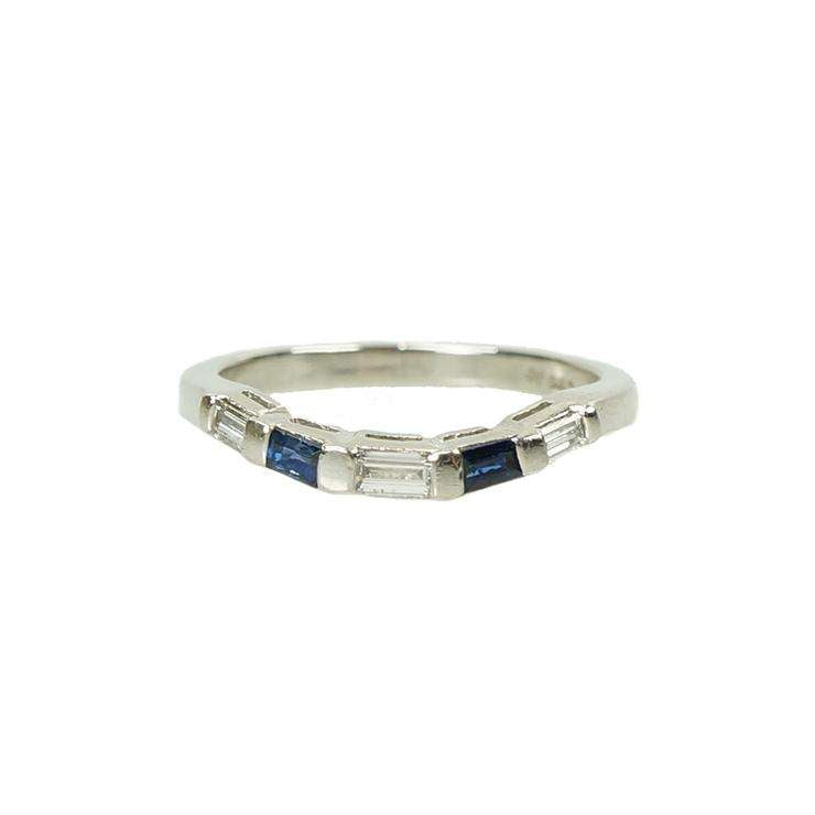 Vintage Curved Platinum Sapphire and Diamond Baguette Band