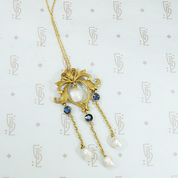 Renaissance Revival Lavalier in Gold, Sapphires & Pearls