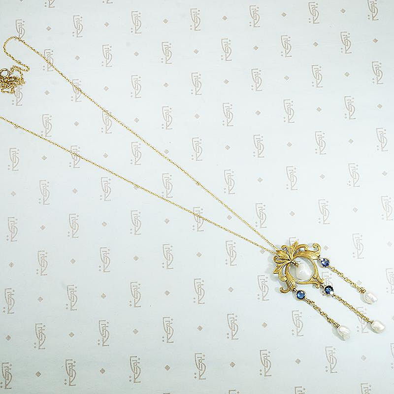 Renaissance Revival Lavalier in Gold, Sapphires & Pearls