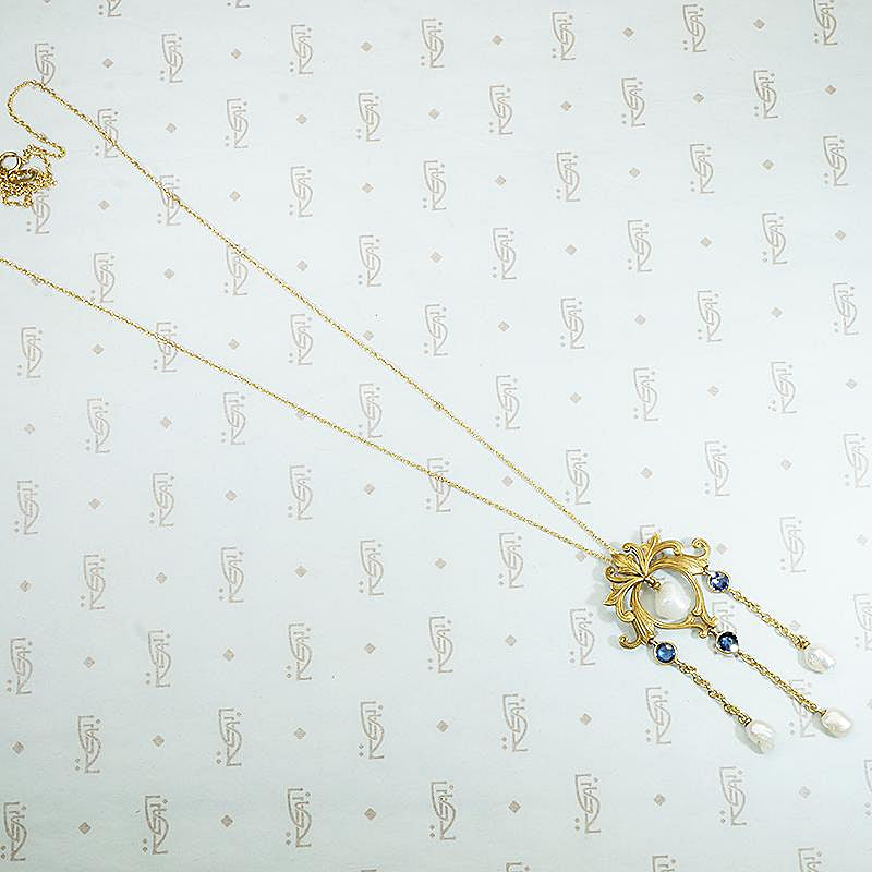 Renaissance Revival Lavalier in Gold, Sapphires & Pearls