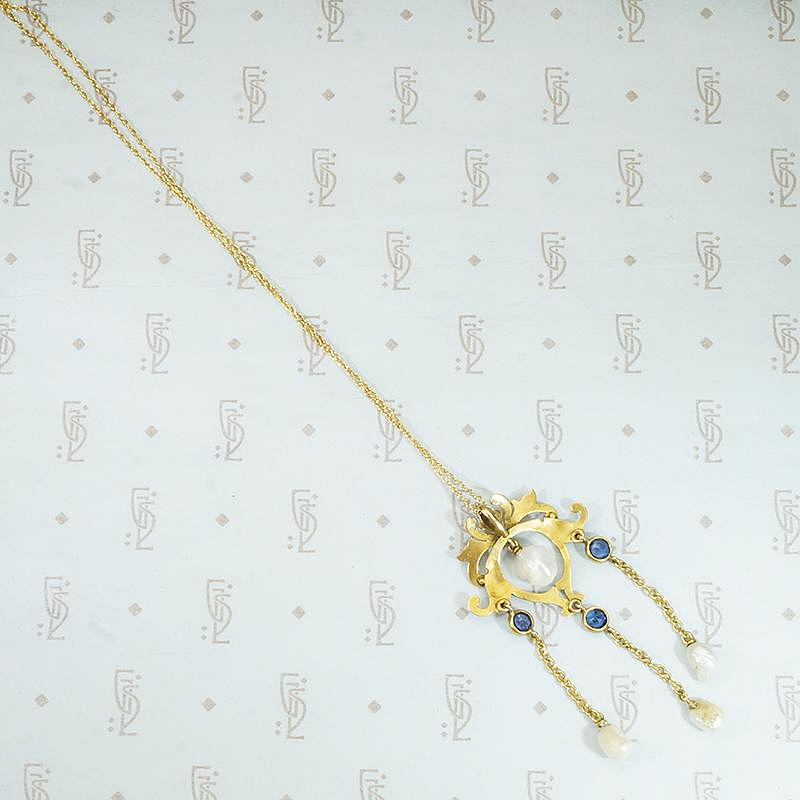 Renaissance Revival Lavalier in Gold, Sapphires & Pearls