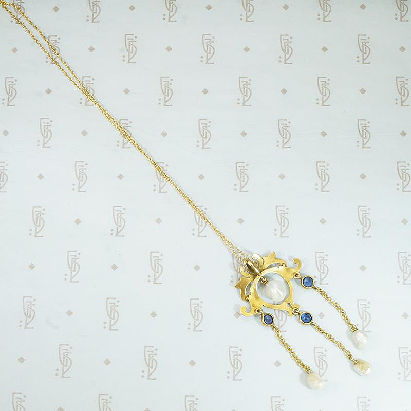 Renaissance Revival Lavalier in Gold, Sapphires & Pearls