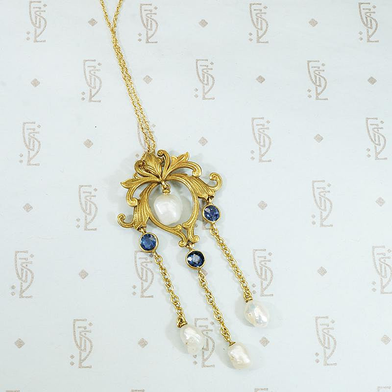 Renaissance Revival Lavalier in Gold, Sapphires & Pearls