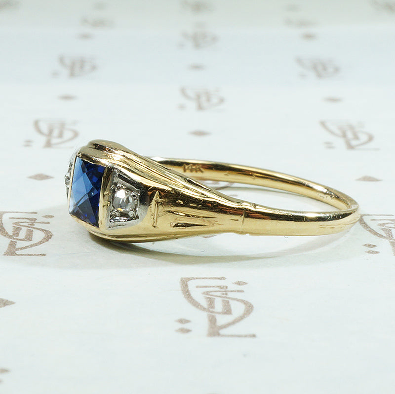 French Cut Sapphire and Rose Cut Diamond Engagement Ring