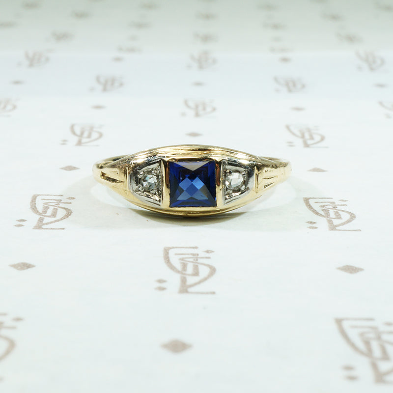 french cut sapphire and rose cut diamond 1940's 2 tone 14k yellow gold ring