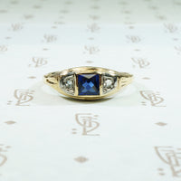 french cut sapphire and rose cut diamond 1940's 2 tone 14k yellow gold ring