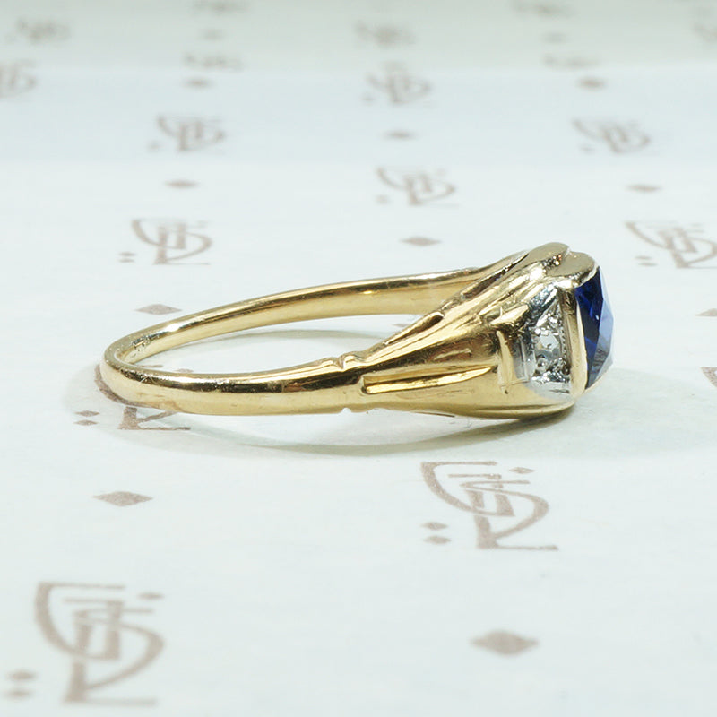 French Cut Sapphire and Rose Cut Diamond Engagement Ring