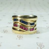 Wide Gold Ruby and Sapphire Band