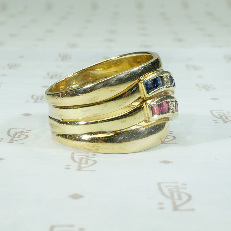 Wide Gold Ruby and Sapphire Band