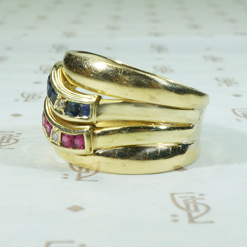 Wide Gold Ruby and Sapphire Band