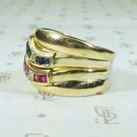 Wide Gold Ruby and Sapphire Band