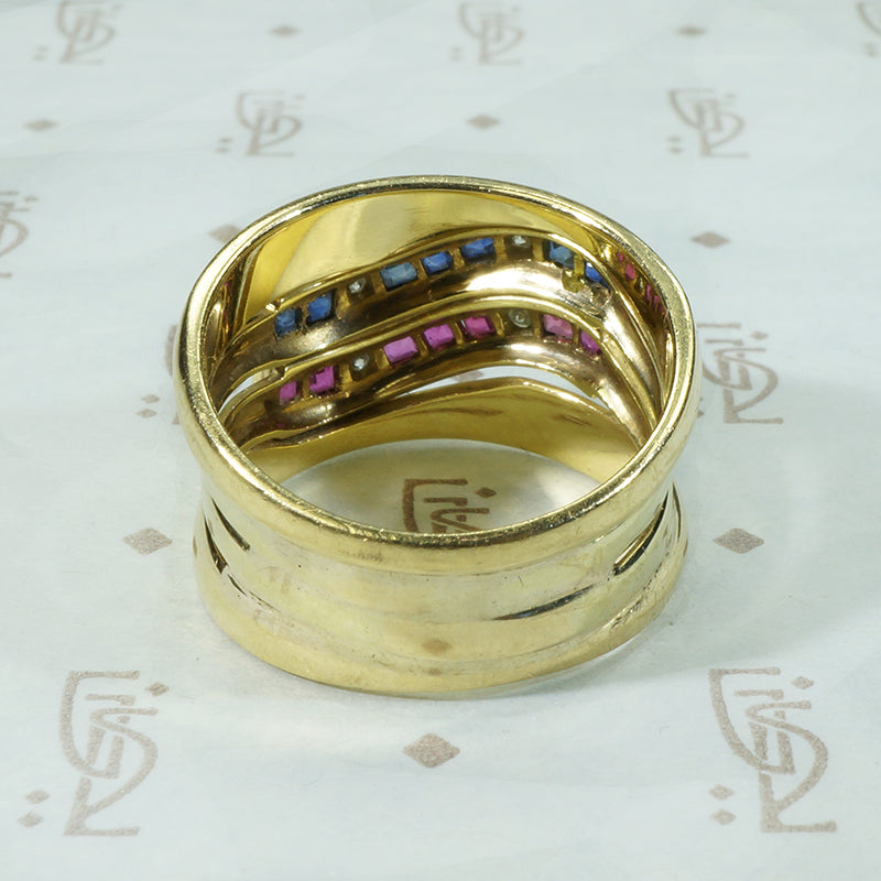 Wide Gold Ruby and Sapphire Band