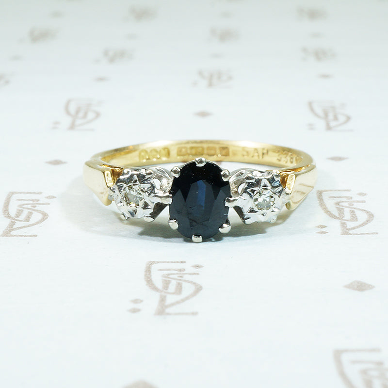 sapphire and diamond 3 stone engagement ring in 18k gold