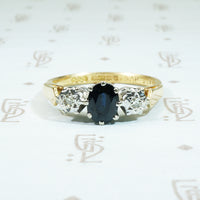 sapphire and diamond 3 stone engagement ring in 18k gold