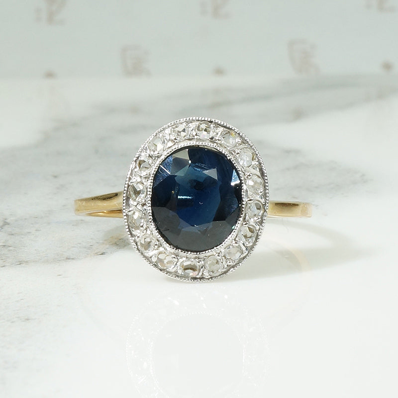 French Sapphire and Diamond Halo Ring