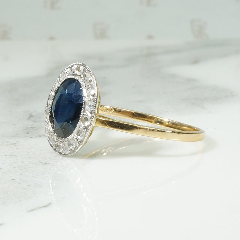 French Sapphire and Diamond Halo Ring