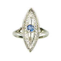 Edwardian 18k white gold Filigree Sapphire Ring Navette Shaped