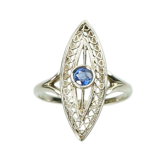 Edwardian 18k white gold Filigree Sapphire Ring Navette Shaped
