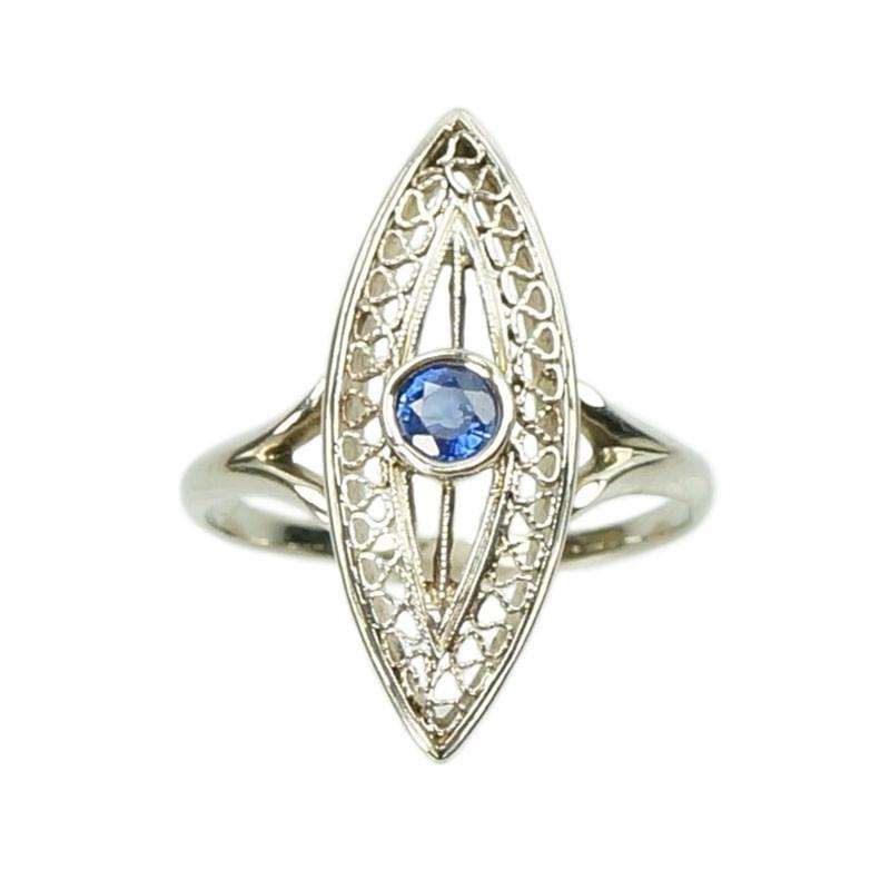 Edwardian 18k white gold Filigree Sapphire Ring Navette Shaped