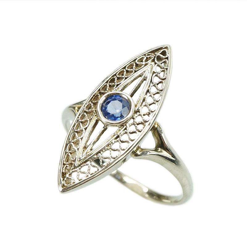 Edwardian 18k white gold Filigree Sapphire Ring Navette Shaped
