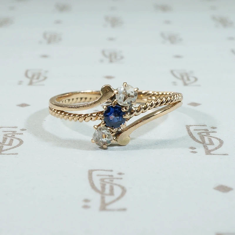 Victorian 14k gold sapphire and rose cut diamond diagonsl 3 stone ring
