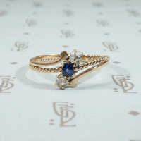 Victorian 14k gold sapphire and rose cut diamond diagonsl 3 stone ring