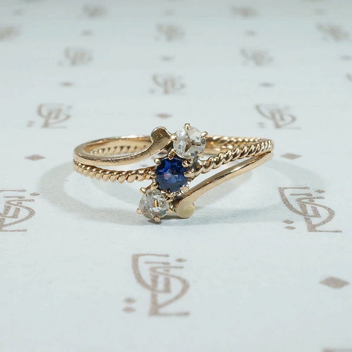 Victorian 14k gold sapphire and rose cut diamond diagonsl 3 stone ring