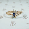 Victorian 14k gold sapphire and rose cut diamond diagonsl 3 stone ring