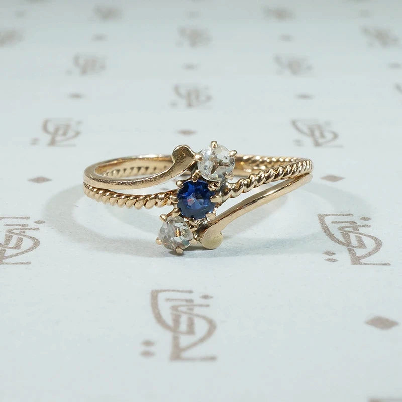 Victorian 14k gold sapphire and rose cut diamond diagonsl 3 stone ring