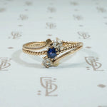 Victorian 14k gold sapphire and rose cut diamond diagonsl 3 stone ring