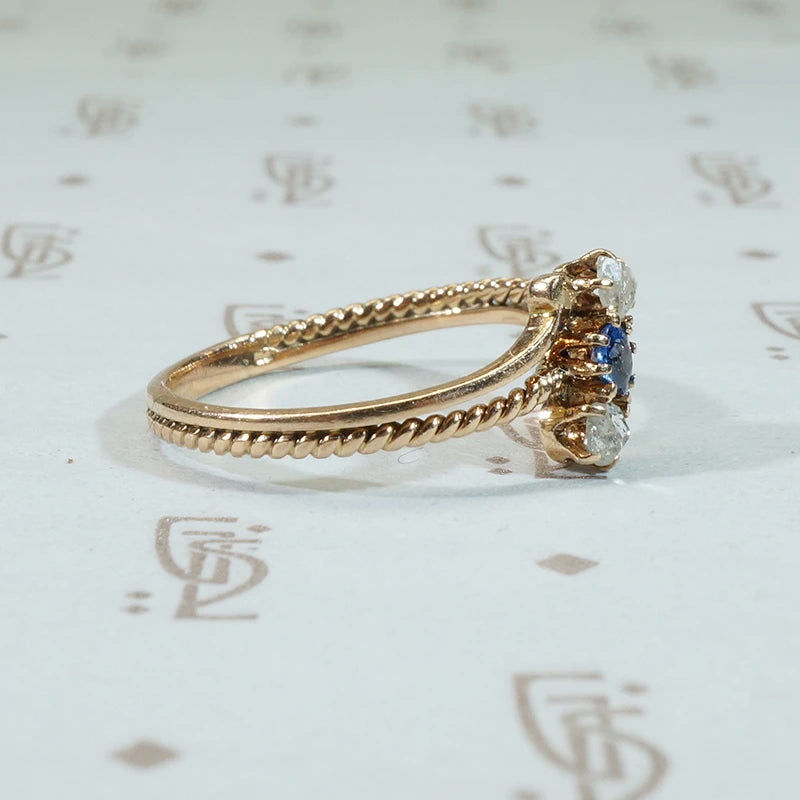 Victorian 14k gold sapphire and rose cut diamond diagonsl 3 stone ring