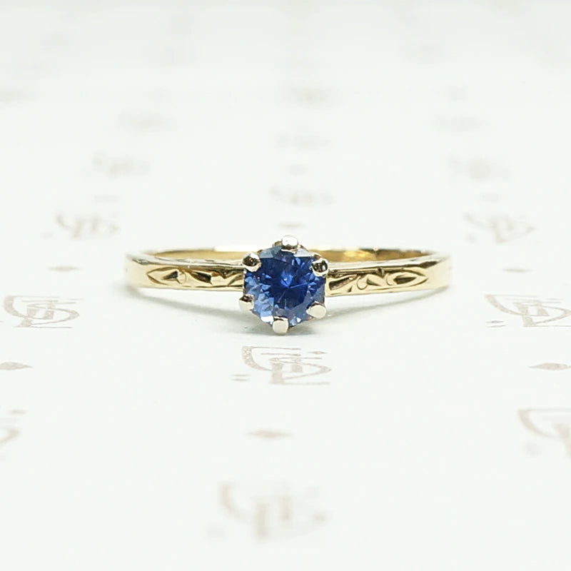 Enchanting Engraved Gold Montana Sapphire Engagement Ring