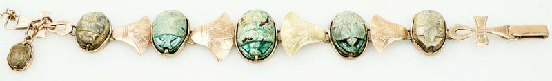 Vintage Egyptian Faience Scarab and Lotus Bracelet