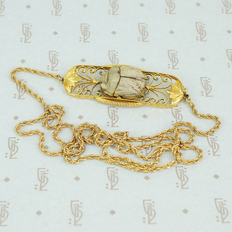 Faience scarab in 14k gold necklace