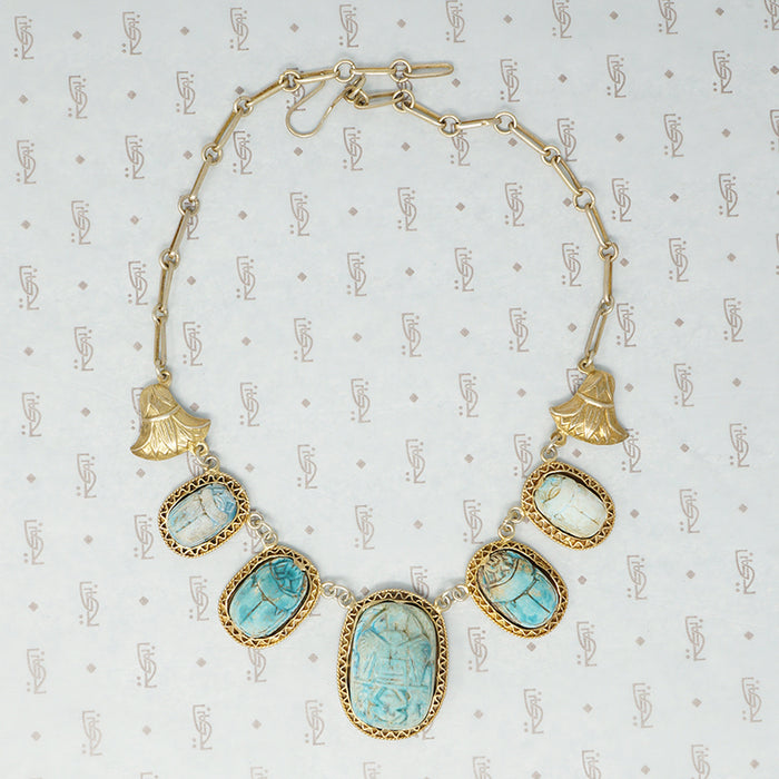 egyptian faience scarab necklace in silver gilt vintage