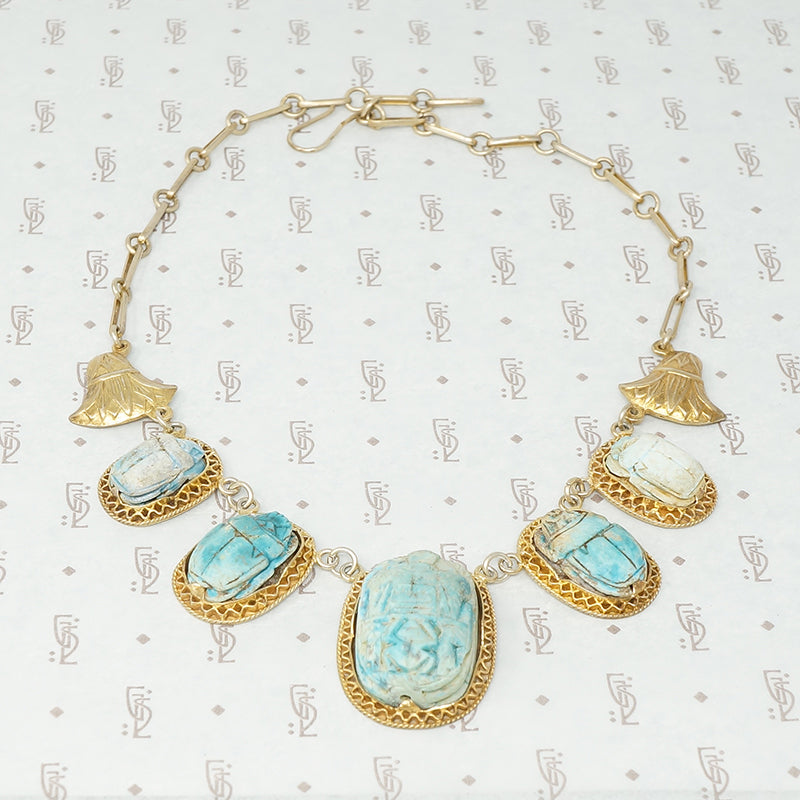 egyptian faience scarab necklace in silver gilt vintage
