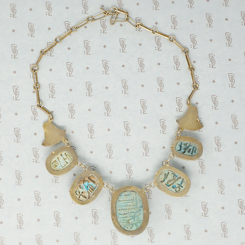 egyptian faience scarab necklace in silver gilt vintage back view