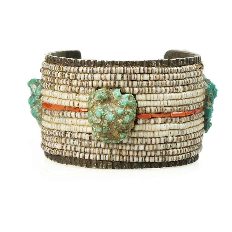 Vintage Native American Cuff Bracelet Coin Silver covered in Heishi Coral and Turquoise Nuggets