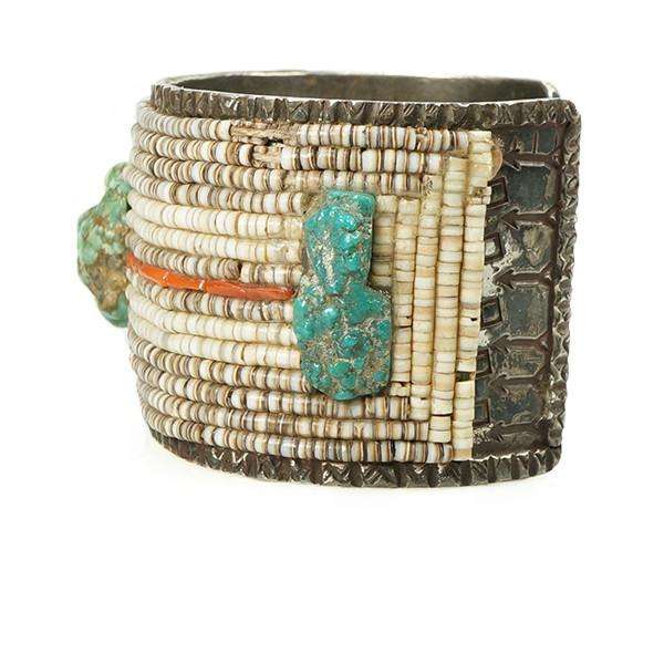 Vintage Native American Cuff Bracelet Coin Silver covered in Heishi Coral and Turquoise Nuggets