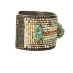 Vintage Native American Cuff Bracelet Coin Silver covered in Heishi Coral and Turquoise Nuggets