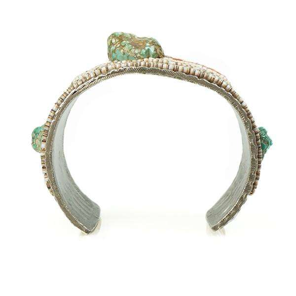Vintage Native American Cuff Bracelet Coin Silver covered in Heishi Coral and Turquoise Nuggets