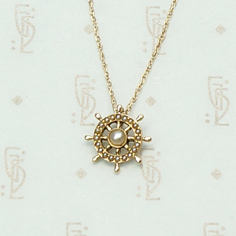Ship's Wheel Conversion Pendant in Gold and Pearls, detail view.