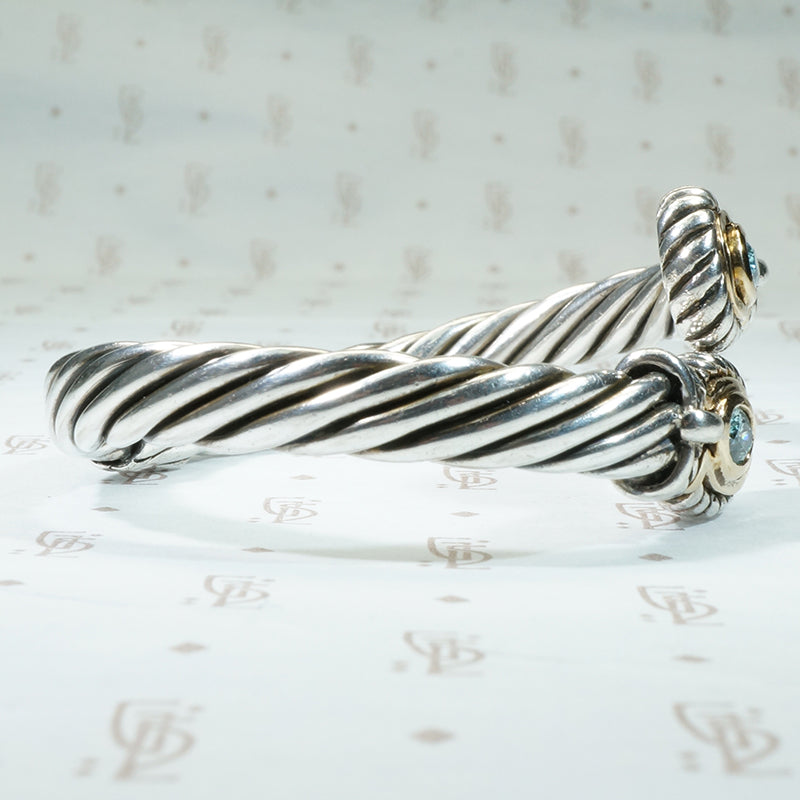 Sterling and Gold Clamper Bracelet with Blue Zircons