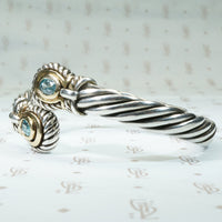 Sterling and Gold Clamper Bracelet with Blue Zircons
