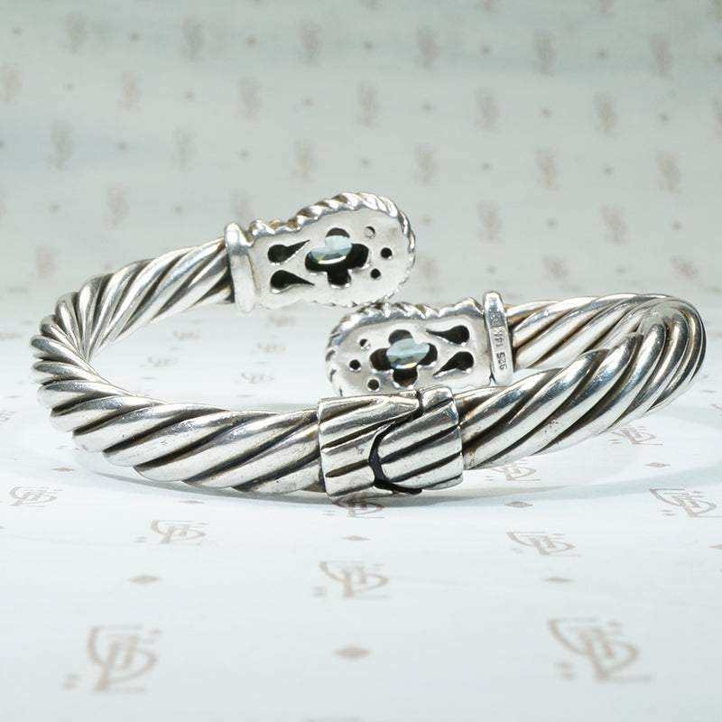 Sterling and Gold Clamper Bracelet with Blue Zircons