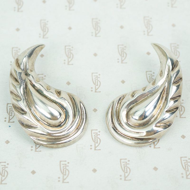 large paisley shaped mexican sterling silver clip on earrings