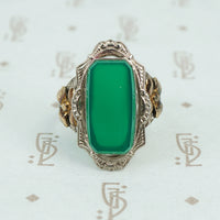 Green onyx in silver with gold flower sides 1930's ring